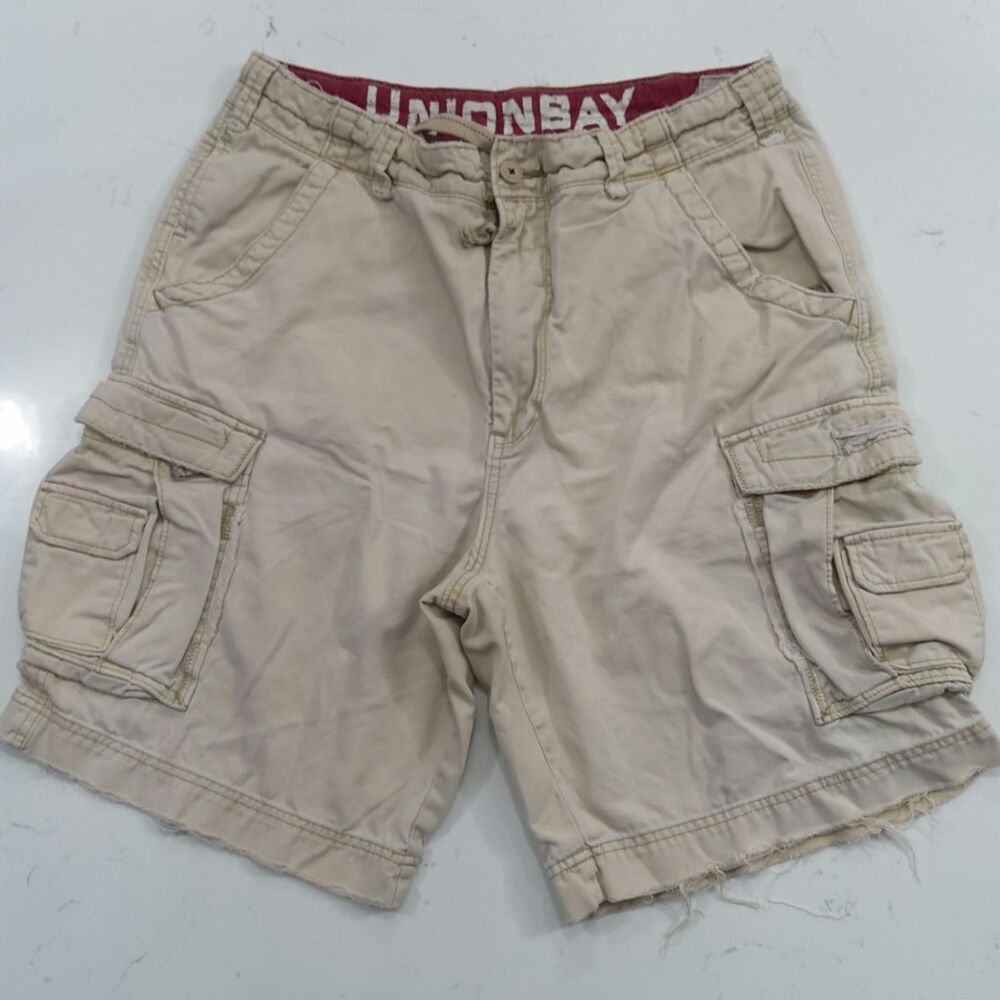 Y2K UnionBay cargo khaki shorts distressed thrashed cotton drawstring button